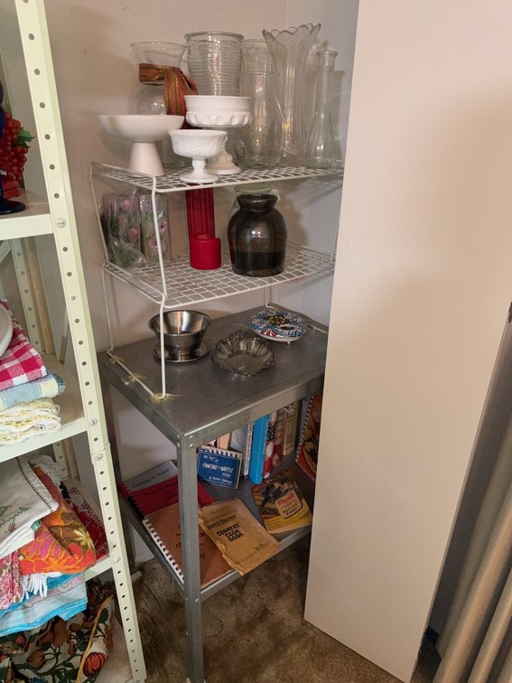Glassware, Decorative Bowls, Vintage Cookbooks, and 30" Metal Shelf