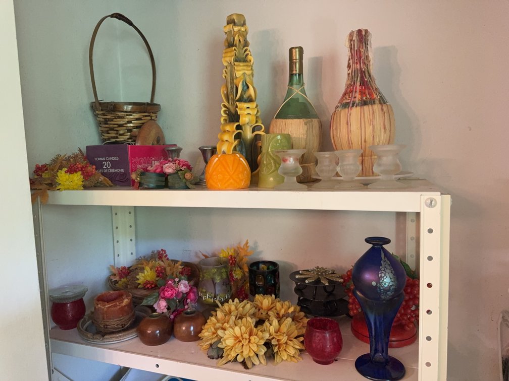 Decorative Glassware, Candles, and Vases – Contents of Two Shelves