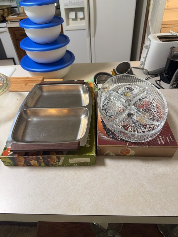 Stainless Steel Divided Tray and Cut Glass Oval Relish Dish
