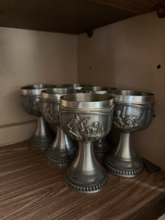 6 Wolfach Pewter Goblets with Dutch Master Designs