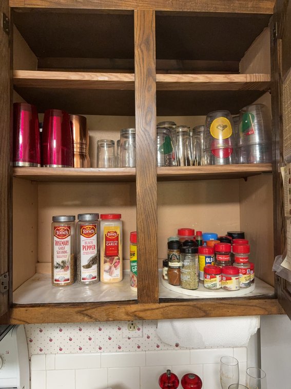 Contents of Cabinets Including Spices and Drinkware