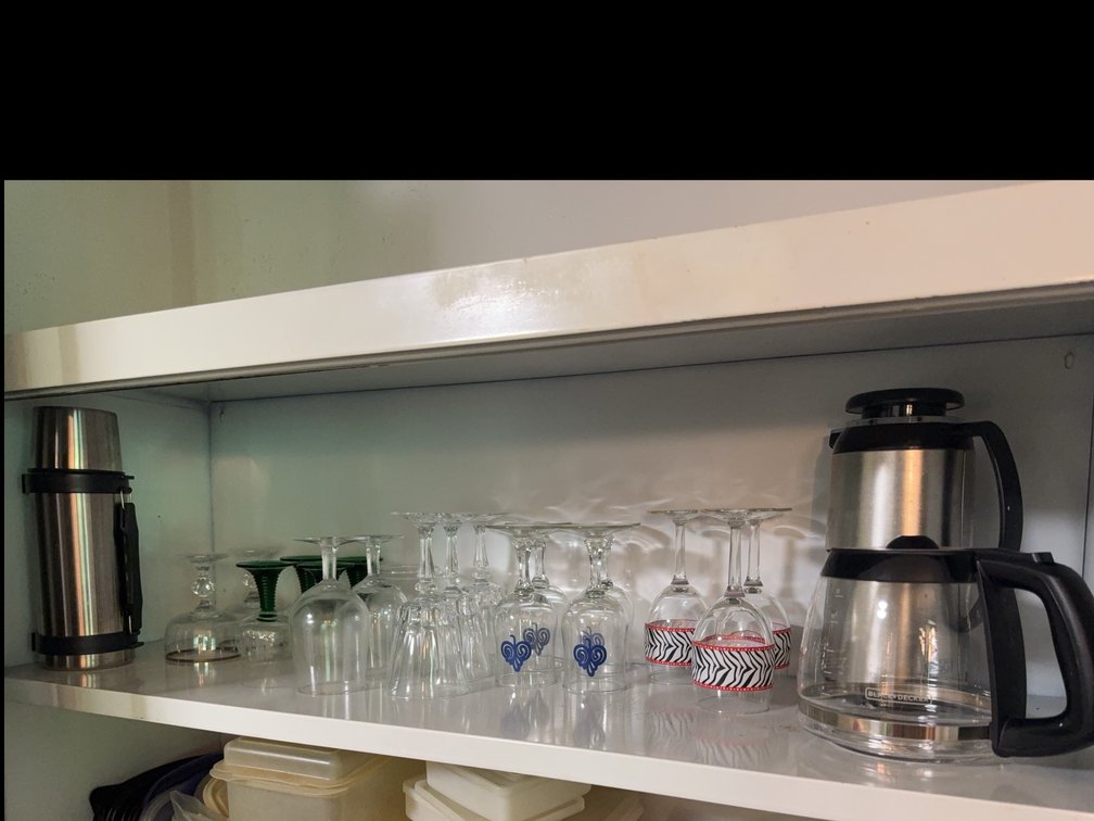 Shelf Contents: Assorted Glassware, Two Carafes and Containers