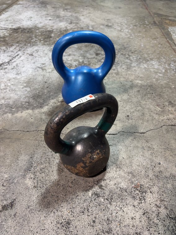 Kettlebells—Blue Plastic and Black Cast Iron