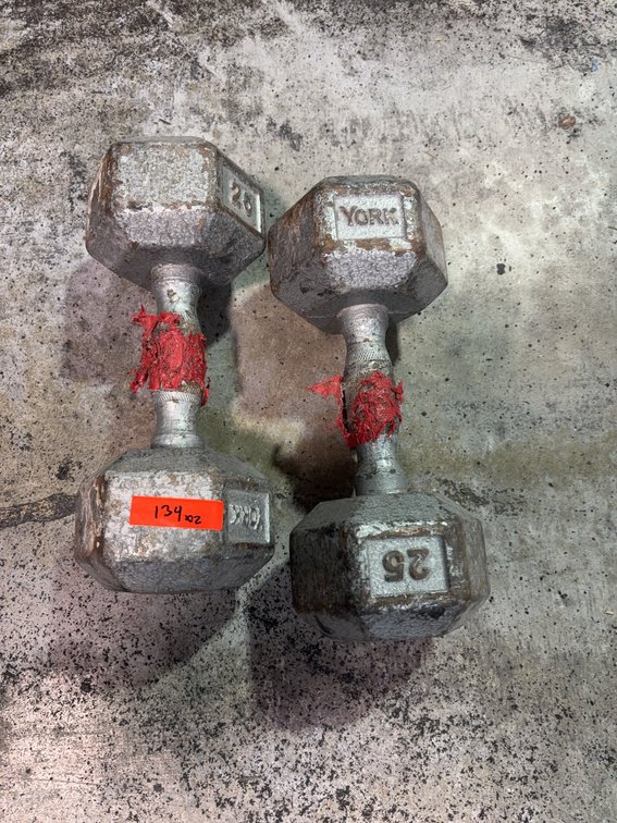 York 25 lb Cast Iron Hex Dumbbells