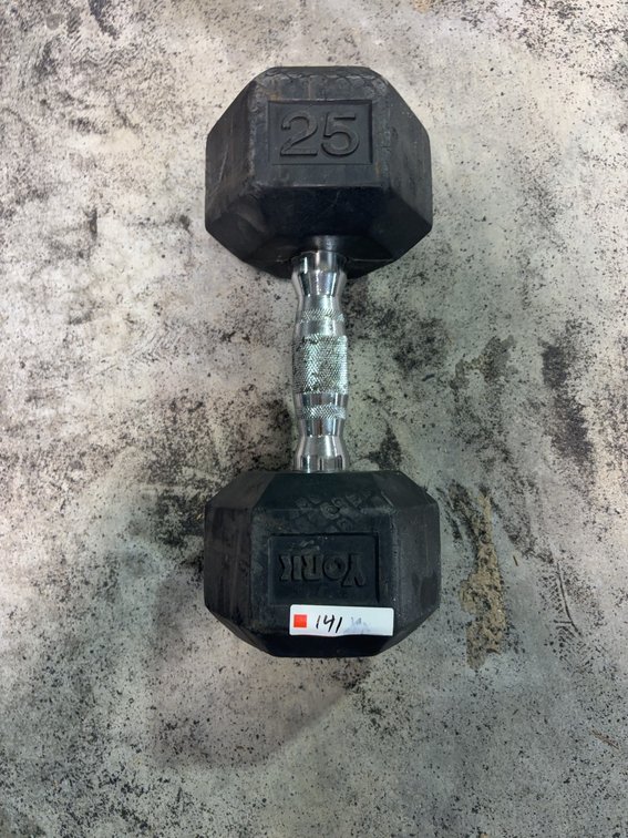 York 25 Pound Hex Rubber Dumbbell with Chrome Handle