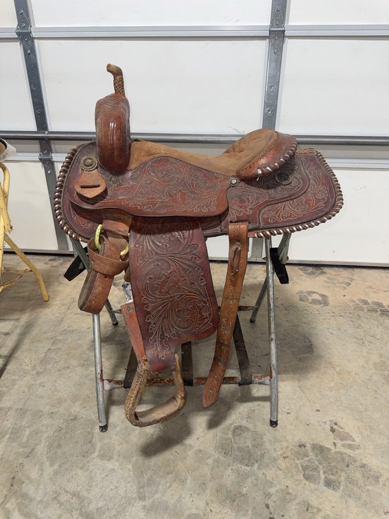 MB Marked Tooled Leather Western Saddle with 16 Inch Seat