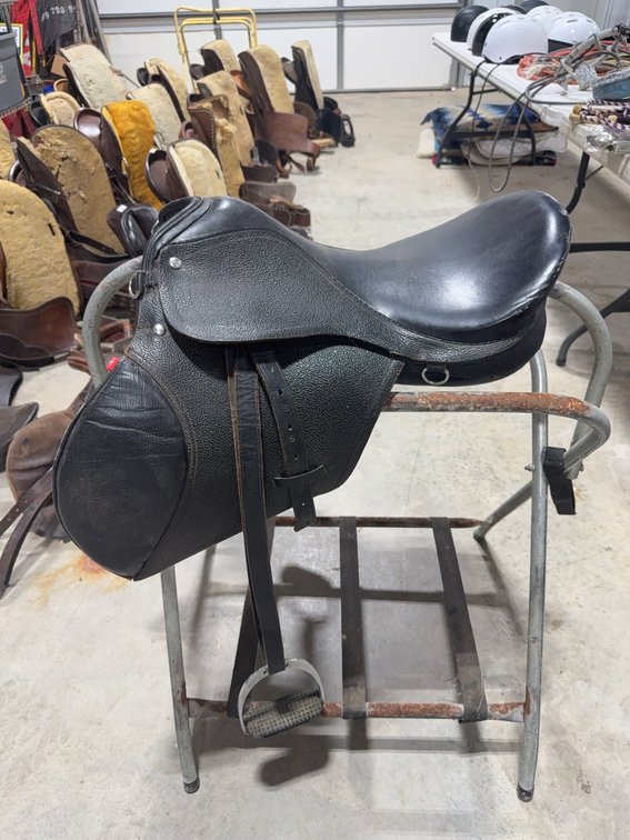 Black English Leather All-Purpose Saddle with Stirrup Irons