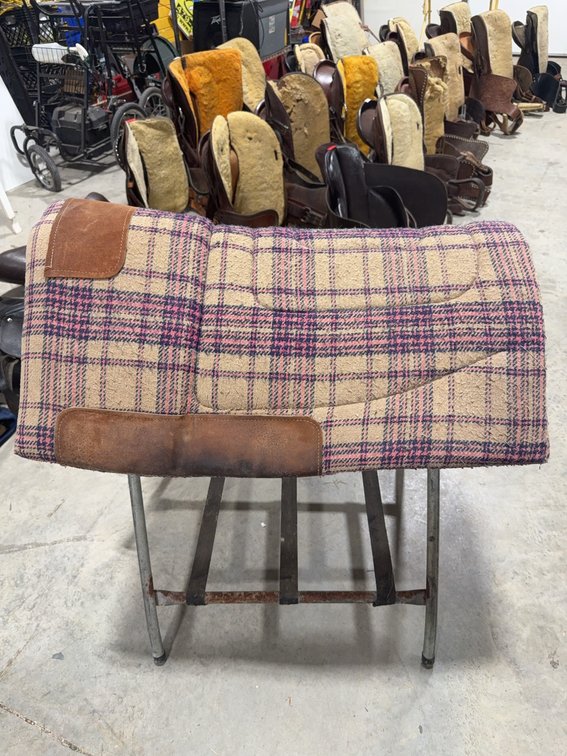 Plaid Saddle Pad With Leather Reinforcements, 28” x 29”