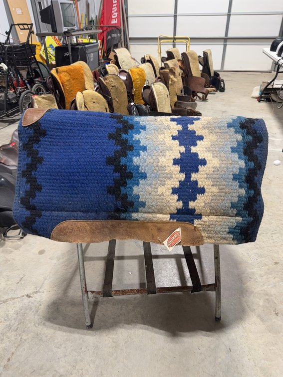 Showman Blue and Tan Woven Wool Saddle Pad with Leather Reinforcement