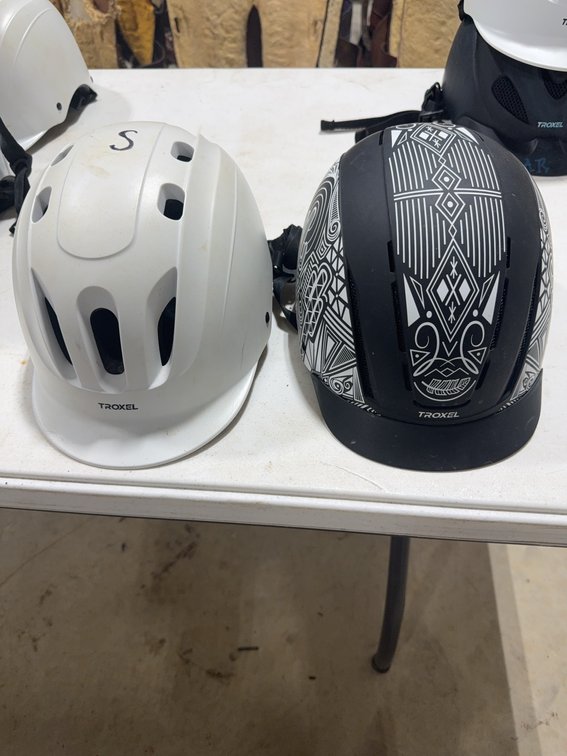 2 Troxel Equestrian Helmets, Size S and S/M, White and Black Designs