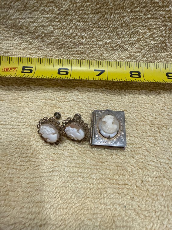 Vintage Cameo Book Locket and Earrings
