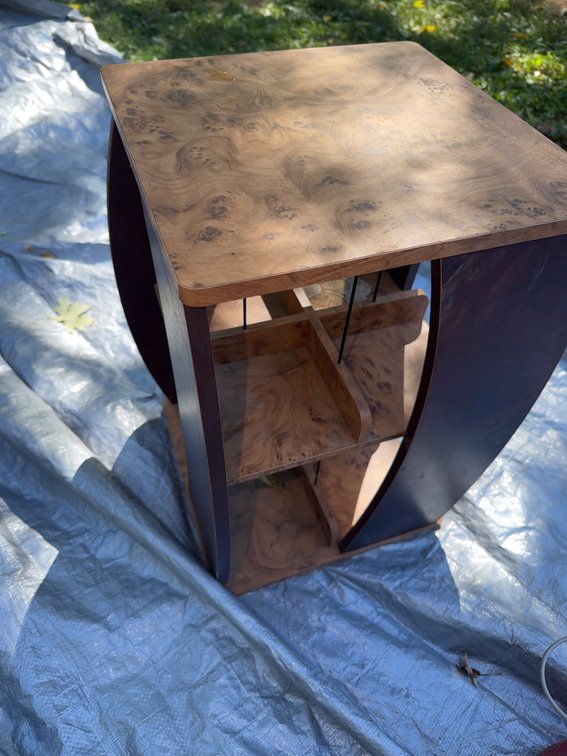 Three-Tier Wood Stand With Burl Veneer and Approximately Two-Foot Top