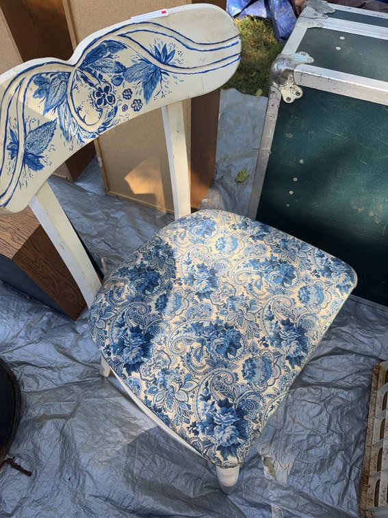 White Painted Wood Side Chair With Blue Floral Upholstered Seat