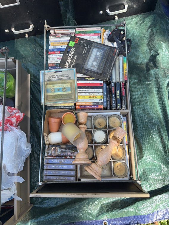 Metal Filing Cabinet With Cassette Tapes, Candles, Holders, Miscellaneous