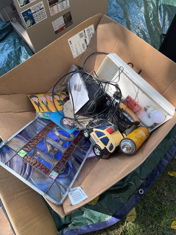Box Lot: Stained Glass Address, Toy Police Car, Mixed Items