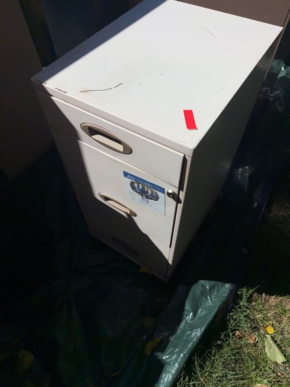 3 Metal Two-Drawer File Cabinets in White, Brown, and Black