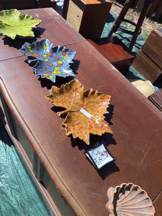 Ceramic Leaf Dishes and Shell-Shaped Cast Iron Dish