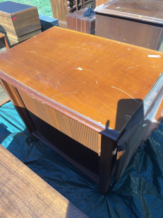 Wooden Tambour Roll-Top Desk Cabinet with Storage Shelves Radio cabinet.