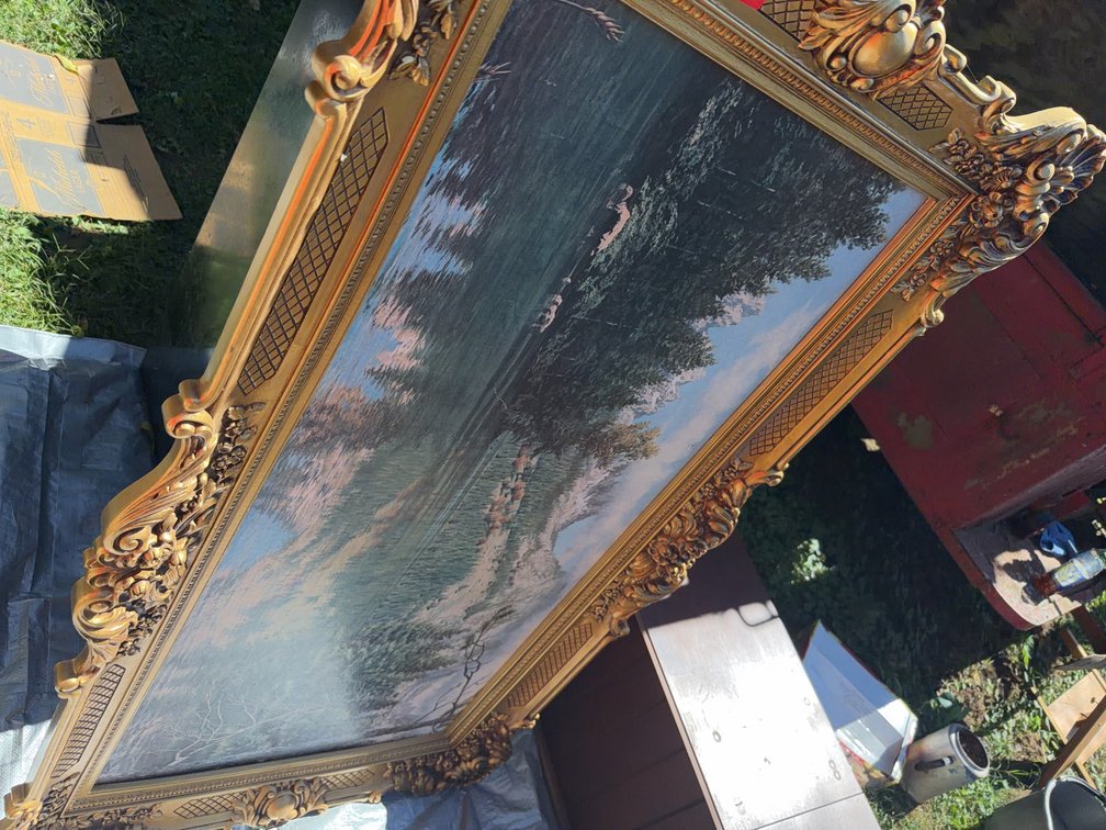 Ornate Gold-Tone Framed Landscape Painting With River Scene