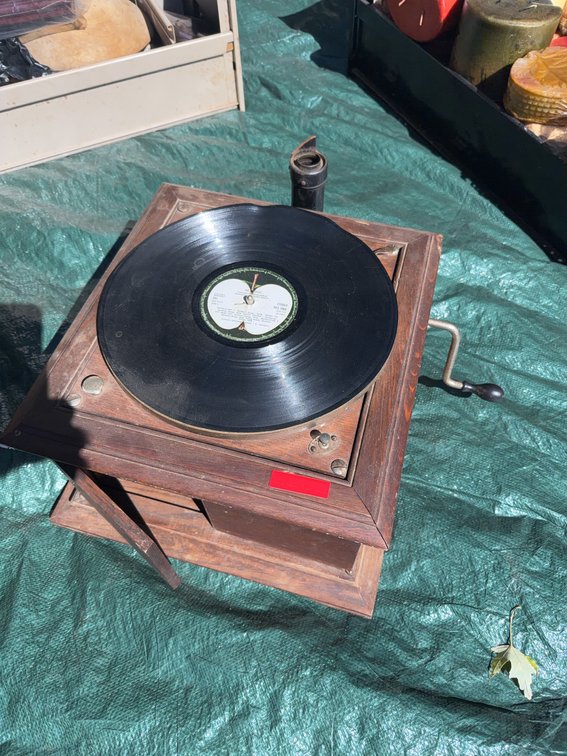 Manual Crank Phonograph with Wood Cabinet and Black Horn Attachments