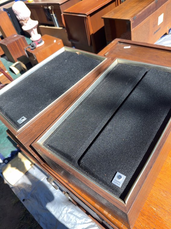General Electric Wood Cabinet Stereo Speakers with Black Grilles
