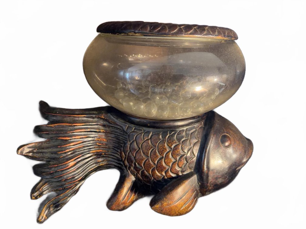 Fish-Shaped Decorative Bowl With Glass Marbles and Ornate Finish