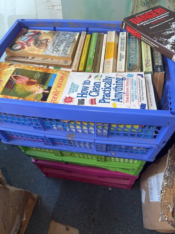 Three Crates Assorted Paperback Novels Including How to Clean Practically Anything