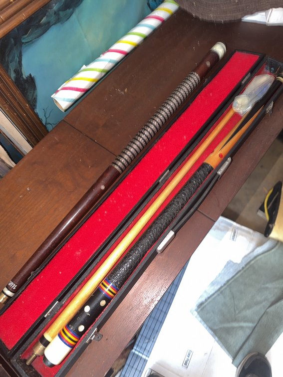 Pool Stick Set with Two Cues, Jointed Shafts, Leather Grips, and Hard Case