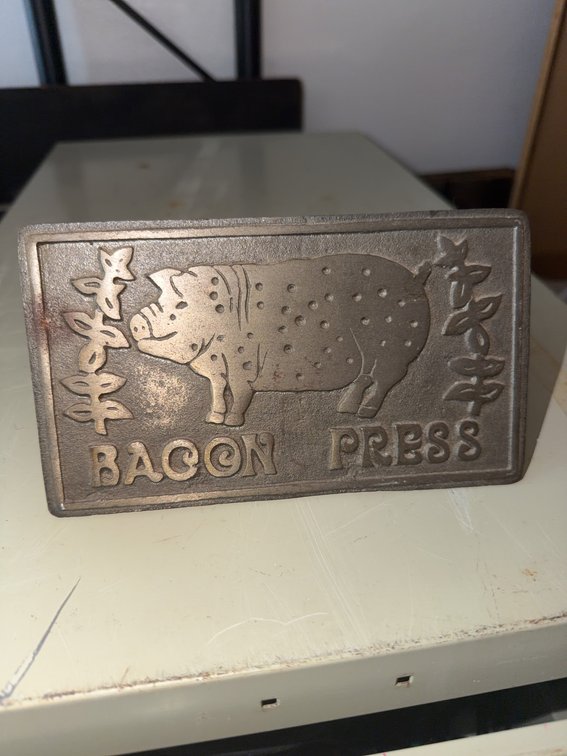 Cast Iron Bacon Press with Wooden Handle and Pig Design