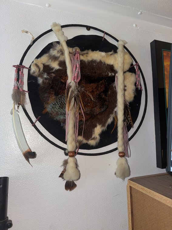 Native American Style Wall Decor with Fur, Feathers, Beads, Braided Hide Medicine Wheel