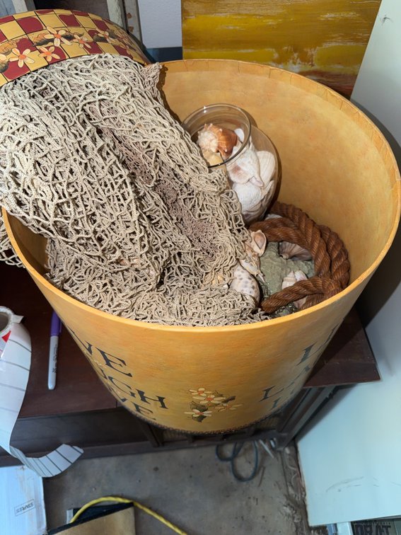 Decorative 'Live Laugh Love' Barrel With Seashells, Rope and Nautical Net