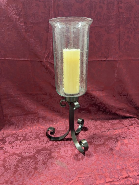 Glass Hurricane Candle Holder with Wrought Iron Stand, 23 Inches Tall