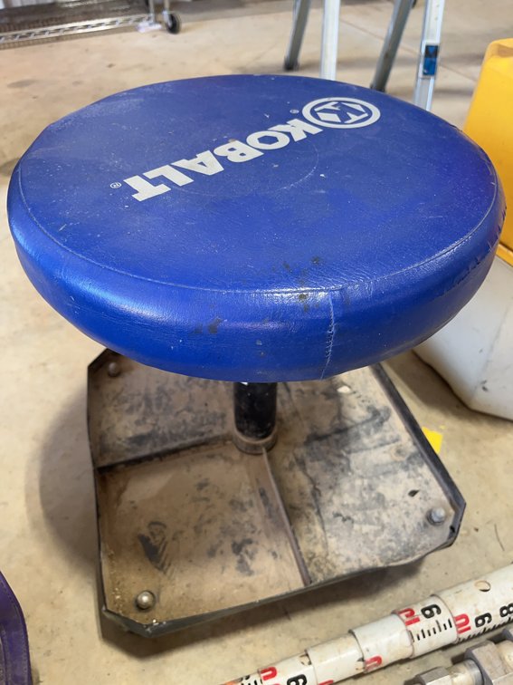 Kobalt Rolling Shop Stool With Blue Padded Seat and Casters