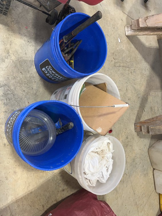 Buckets With Hand Tools, Rags, Clipboard and Cleaning Supplies