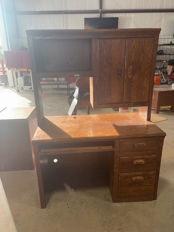 Two-Piece Wooden Desk with Hutch, Drawers, and Cabinet Storage