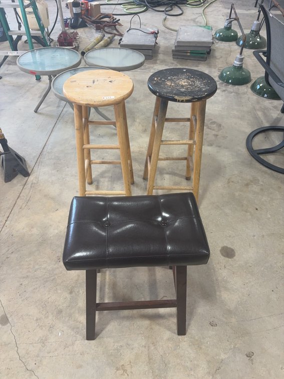 Two Wooden Bar Stools and One Black Padded Bench Stool Assortment
