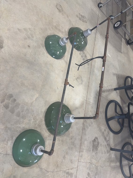 Four-Light Industrial Hanging Shop Lights with Green Metal Shades