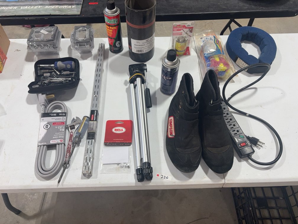 Tools, Simpson Racing Shoes, Tripod, Power Strip, Cleaners