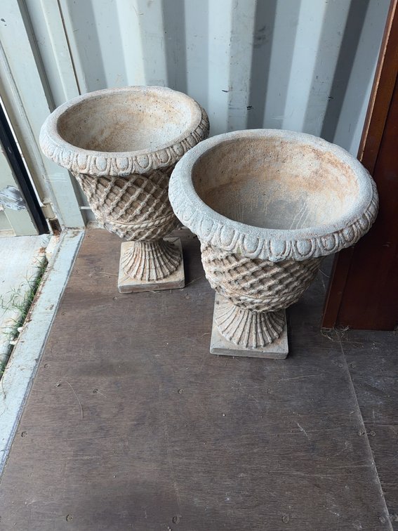 Cast Stone Urns With Decorative Rims and Textured Sides, 2 Ft Tall