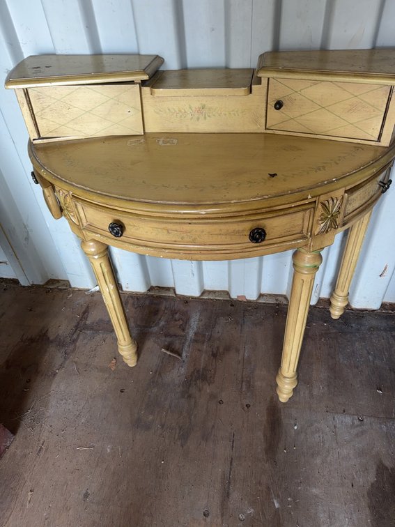 Painted Wood Demilune Console Table with Raised Back Drawers and Turned Legs