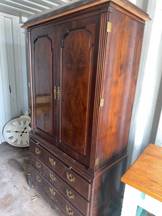 Traditional Wooden Armoire With Brass Handles and Four Drawers, Two-Door Cabinet