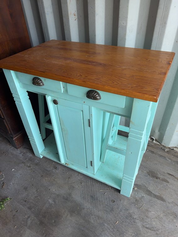 Wood Kitchen Island with Light Blue Base and Brown Top, Storage and Drawer and two bar stools