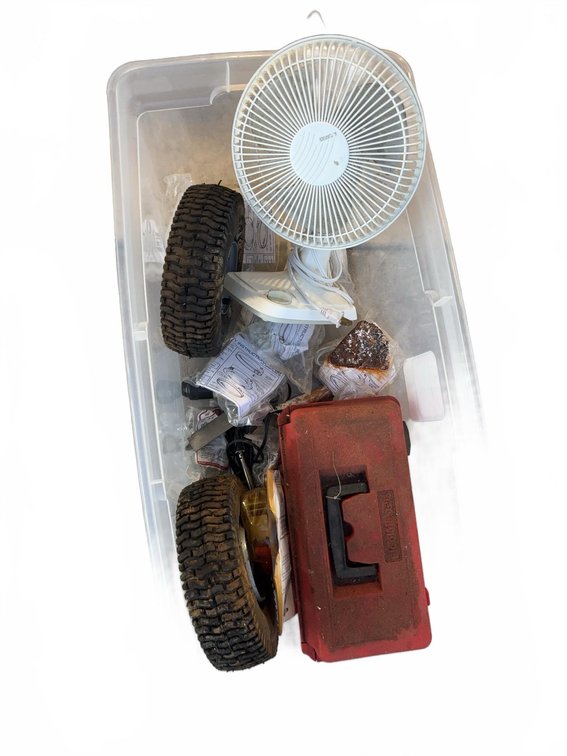Plastic Bin With Fan, Tool Box, Wheels, Ratchet Strap, Tools & Lamp Parts