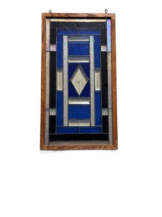 Rectangular Stained Glass Panel with Blue and Clear Geometric Design