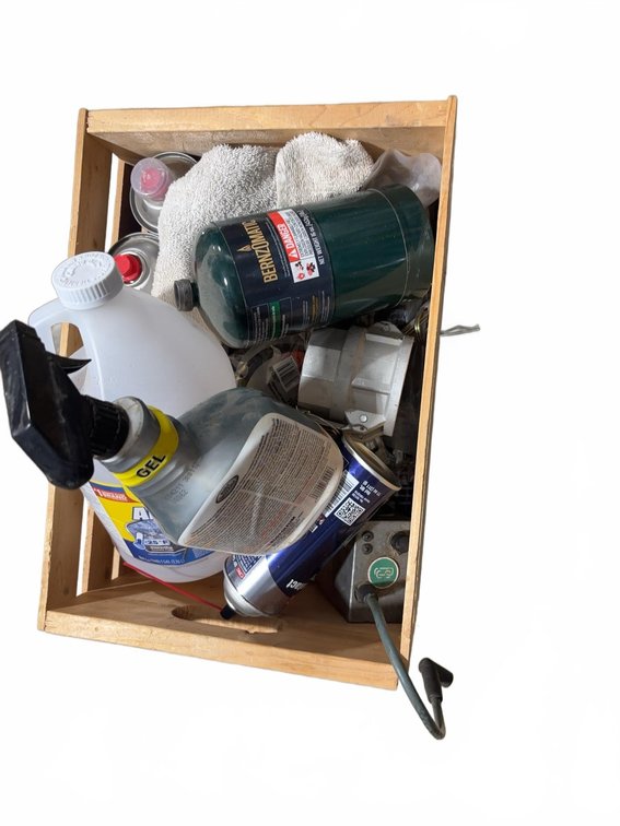 Wood Crate With Assorted Shop Chemicals, Tapes, Tools, Bernzomatic Gas