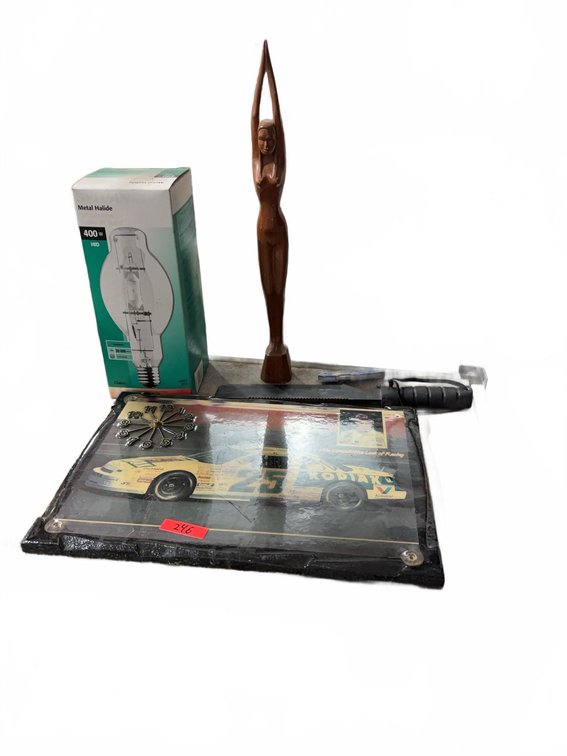 Lot: 400W Metal Halide Bulb, Wood Sculpture, Clock, Knives