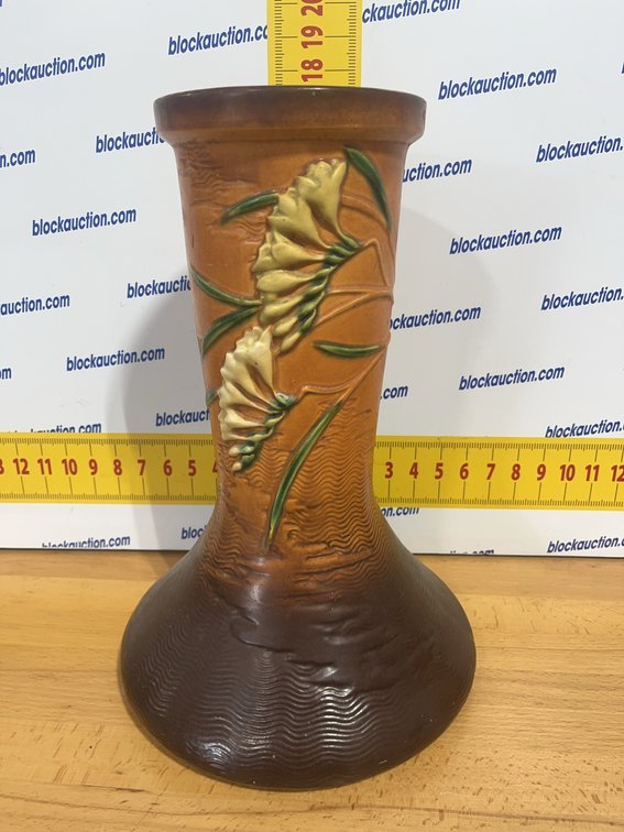 Roseville Brown Ceramic Vase With Yellow Floral Relief, 16 Inches Tall