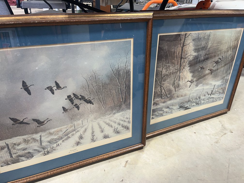 Pair Framed A. Znaniecki Prints: 'A Frosty Morning' & 'Snowfall' Geese Scenes