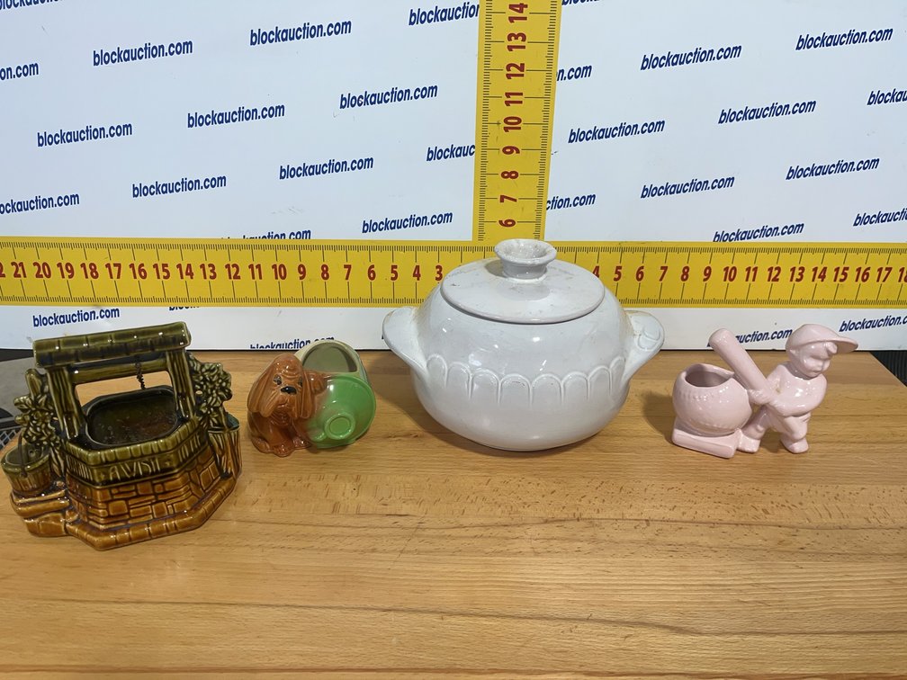 Francoma 246 White Casserole, Shawnee Dog Planter, McCoy Wish Well, Baseball Planter