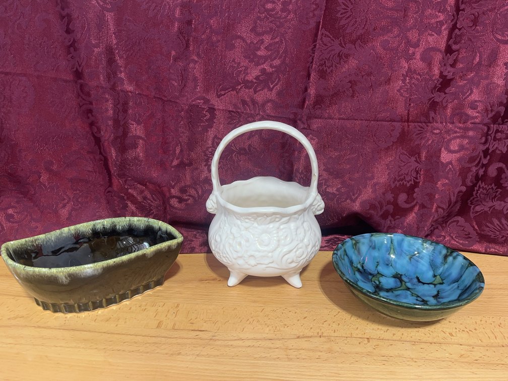 Hull B34 White Basket, Dryden Blue Dish, McCoy Planter Trio